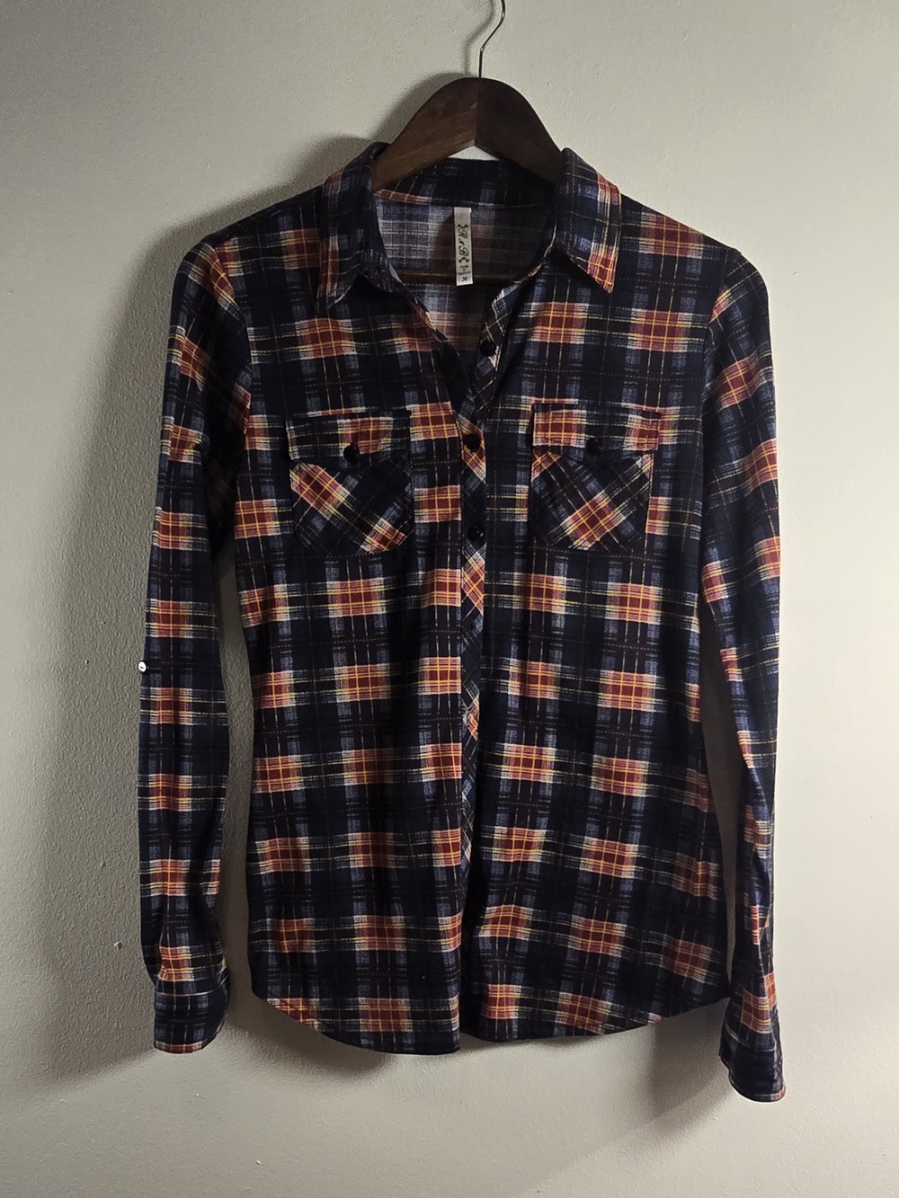 R&B Rich & Beautiful Plaid Roll Tab Button Down Shirt Navy Orange M